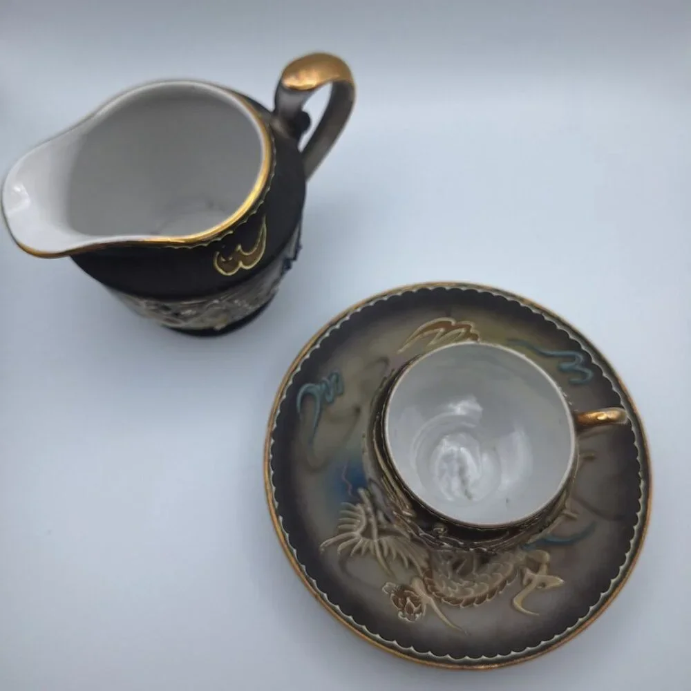 Dragonware Japanese Moriage Cream Pitcher‎ Black Blue Raised Saucer Teacup Set